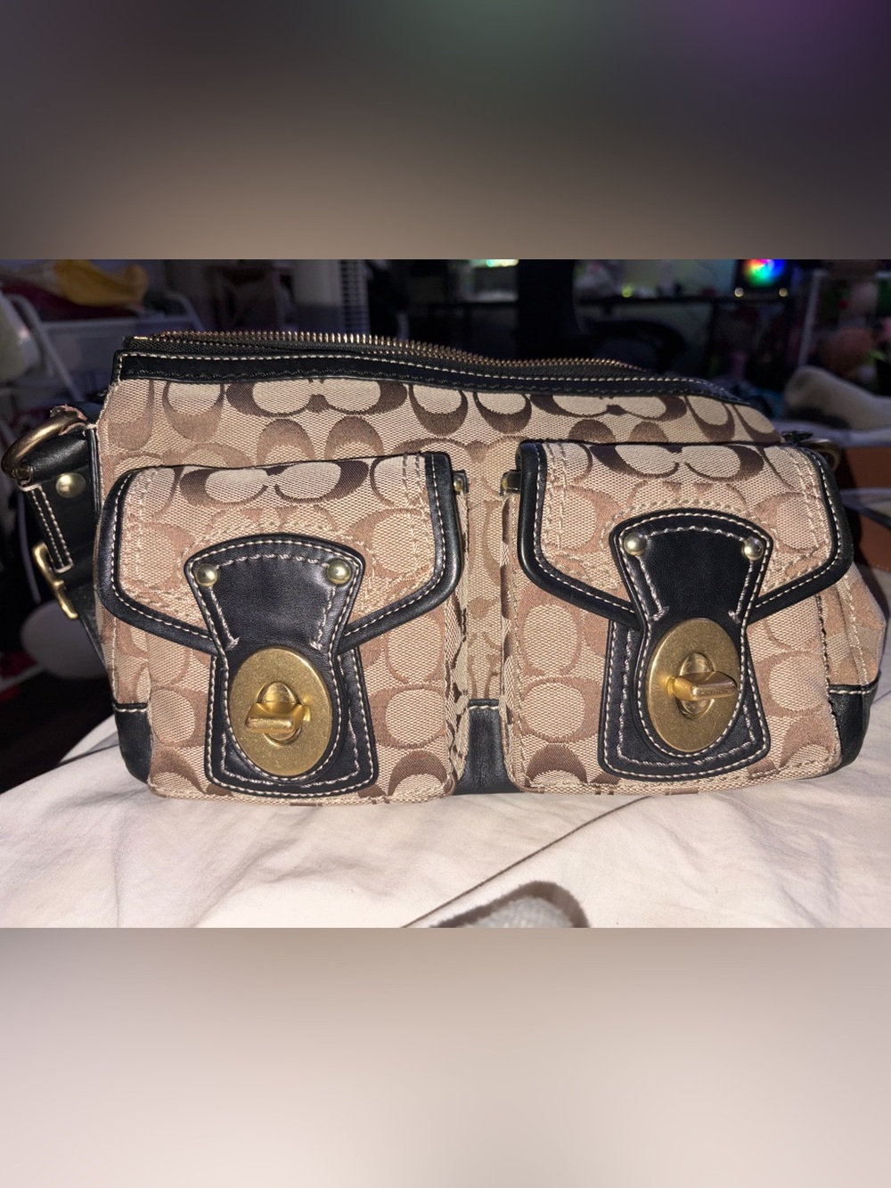 Coach Beige and Black Signature Canvas Double-Pocket Crossbody